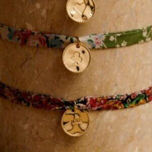 NEW Sézane Floral Liberty Gold Charm Bracelets Set of 2 | Green/Red Multi